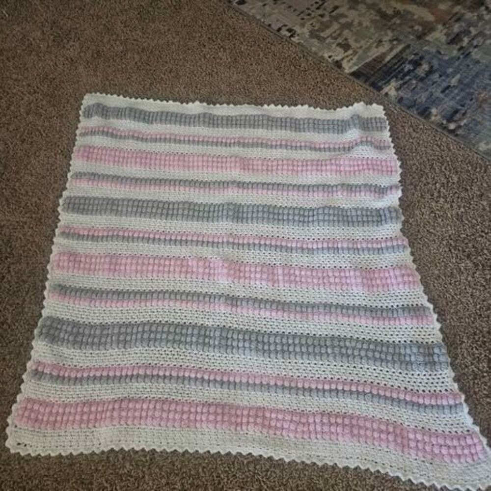 Handmade Crochet Pink Striped Baby Blanket 36" x 36"
